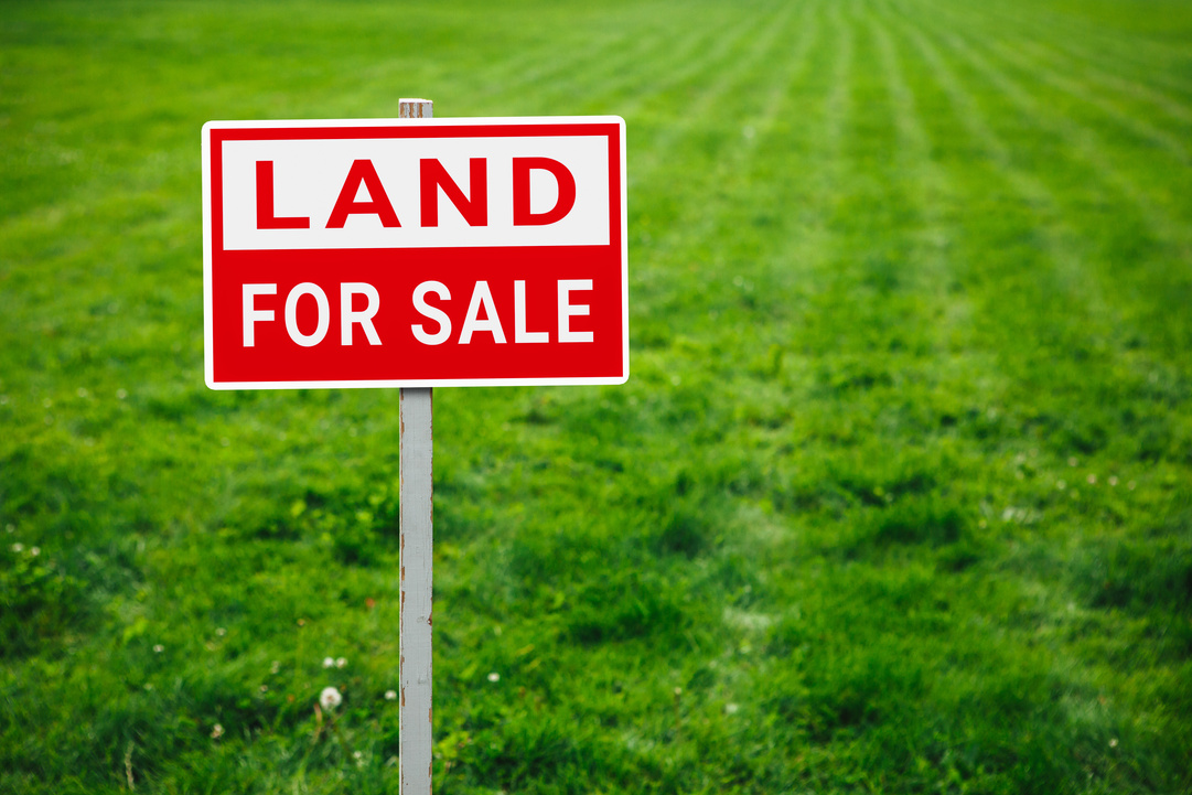 land for sale plate sign, green lawn background